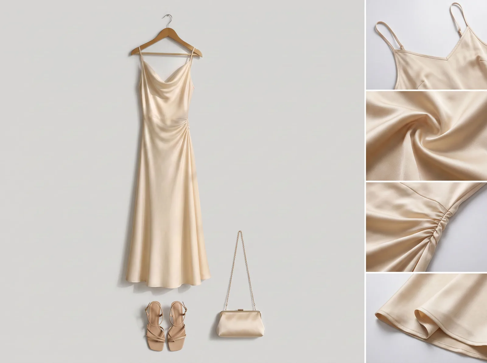 Planche di riferimento dello slip dress: veduta intera e dettagli di tessuto e cuciture
